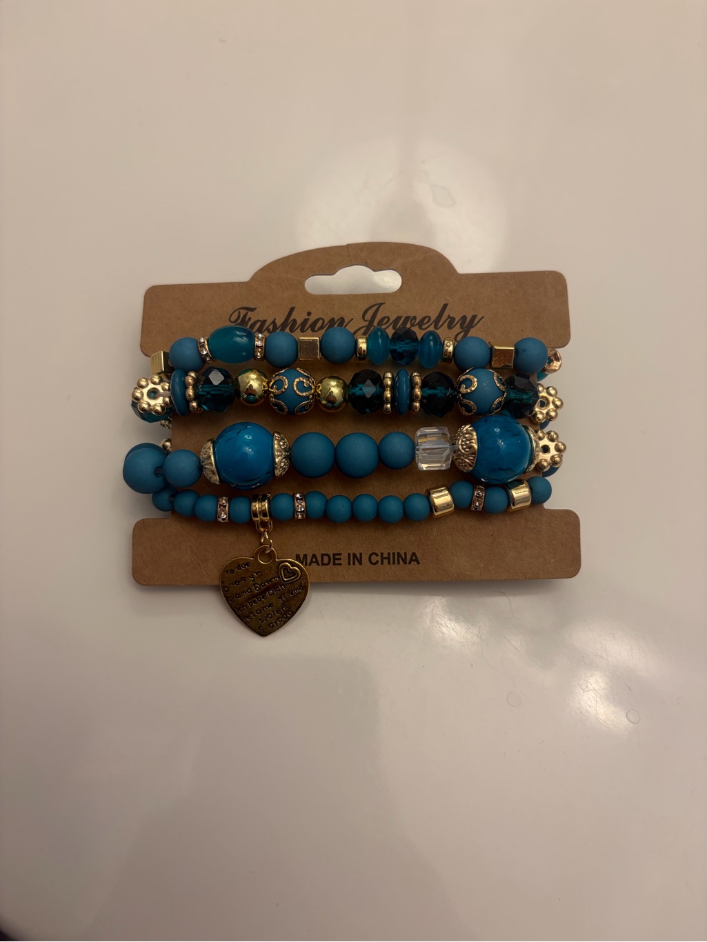 Fashion Jewelry Blue Beaded Bracelet Stack With Heart Pendant